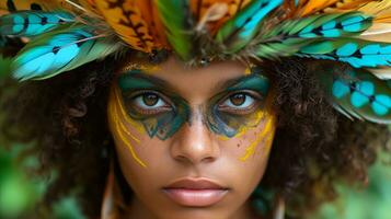 AI generated Vibrant portrait of woman with colorful feather headdress and face paint photo