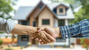 AI generated Handshake in front of new house, real estate deal concept photo