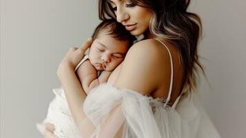 AI generated Tender mother holding sleeping newborn baby in soft light photo