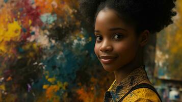 AI generated Young african black girl in art studio. Generative AI photo