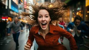 ai generado un mujer corriendo en el ciudad con su pelo volador, exhibiendo su activo estilo de vida y libertad. generativo ai foto