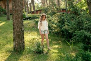relajado interpolación niña caminando en verde parque de país casa en verano día foto