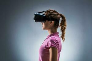 joven mujer vistiendo virtual realidad auriculares en estudio. emociones lado ver foto