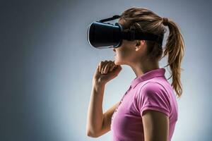 joven mujer vistiendo virtual realidad auriculares en estudio. emociones lado ver foto