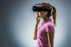 joven mujer vistiendo virtual realidad auriculares en estudio. emociones lado ver foto