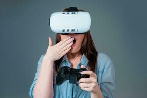 portrait of happy young beautiful girl getting experience using VR-headset glasses of virtual reality photo