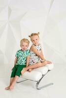 Portrait of the sister and its little brother at white studio photo