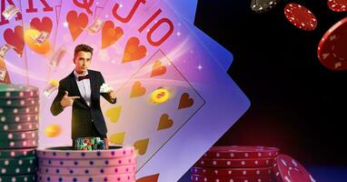 Man in suit pointing at two aces in his hand, posing against background with flying dollars and coins, playing cards, stacks of chips. Poker, casino photo