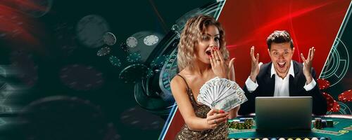 Lady in shiny dress holding cash. Excited man sitting at playing table with chips and laptop on it. They posing on colorful background. Poker, casino photo