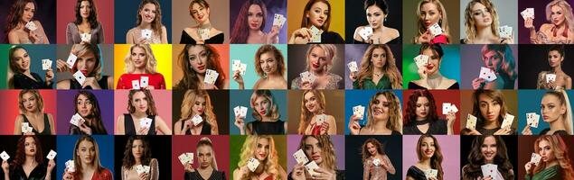 Collage of models with hairstyles, in stylish dresses and jewelry. They showing playing cards, posing on colorful backgrounds. Poker, casino. Close-up photo