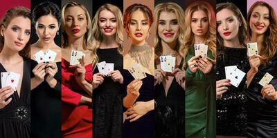collage de mujer con constituir, en elegante vestidos y joyas. ellos demostración jugando tarjetas, posando en vistoso antecedentes. póker, casino. de cerca foto