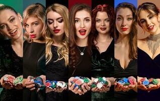 Collage of ladies in stylish dresses and jewelry. They smiling, showing handfuls of chips, posing on colorful backgrounds. Poker, casino. Close-up photo