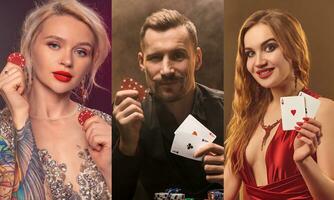 Collage of two smart-dressed ladies and man. They smiling, showing aces and red chips. Posing against colorful backgrounds. Poker, casino. Close-up photo