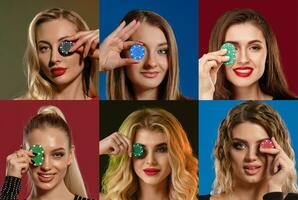 Collage of women with stylish hairstyles, in jewelry. They smiling, covered one eye by chips, posing on colorful backgrounds. Poker, casino. Close-up photo