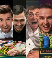 Collage of four excited men sitting at green playing table with colorful chips and aces. Smiling, posing on black background. Poker, casino. Close-up photo