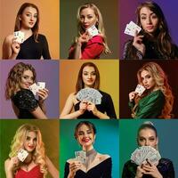Collage of models with make-up, in luxury dresses. Smiling, showing money and aces, posing on colorful backgrounds. Poker, casino. Close-up photo