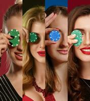 Collage of ladies with stylish hairstyles, in jewelry. They smiling, covered one eye by chips, posing on colorful backgrounds. Poker, casino. Close-up photo