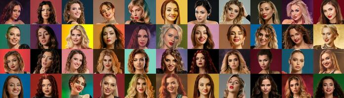 Collage of women and men faces expressing different facial emotions, smiling, unsmiling. Posing on colorful backgrounds photo