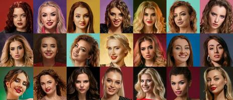 Collage of gorgeous women faces expressing different facial emotions. Studio shot against colorful backgrounds photo