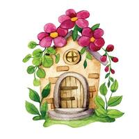 cute flower house, watercolor drawing with fairy house in flower garden vector