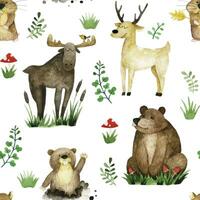 cute seamless pattern with forest animals. watercolor print of realistic animals for kids. bear, elk, deer, marmot, hamster vector