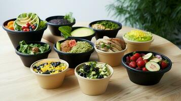 AI generated Healthy takeaway food and drinks in disposable eco-friendly paper containers on a gray background, top view. Salad, soup, poke bowl, Buddha bowl, fruits, coffee, and juice. photo