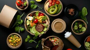 AI generated Healthy takeaway food and drinks in disposable eco-friendly paper containers on a gray background, top view. Salad, soup, poke bowl, Buddha bowl, fruits, coffee, and juice. photo