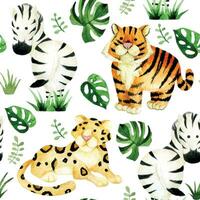 seamless pattern of animals, safari. watercolor drawing tiger, leopard, zebra. print for children vector