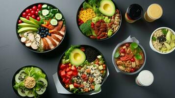 AI generated Healthy takeaway food and drinks in disposable eco-friendly paper containers on a gray background, top view. Salad, soup, poke bowl, Buddha bowl, fruits, coffee, and juice. photo