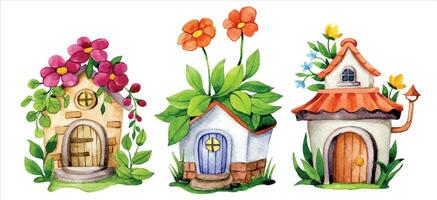 set of cute flower houses, watercolor drawing with fairy house in flower garden vector