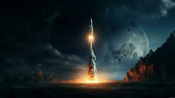 AI generated An interplanetary rocket is fired into the night sky photo