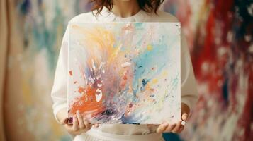 AI generated cropped image of a woman holding an abstract multicolored picture on a canvas in her hands while wearing a white blouse and a robe spotted with stains. Painting, creativity photo