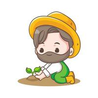 Cute farmer planting cartoon vector. Farming and agriculture concept design. Chibi style illustration. Isolated white background. Icon logo mascot vector