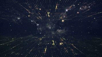 A glowing golden grid network of blinking digital data lights and floating particles. Connectivity and connections concept technology motion background animation. video