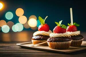 AI generated three chocolate cupcakes with strawberries on top photo