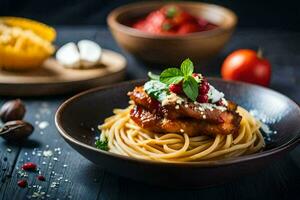 spaghetti with chicken and tomatoes in a bowl. AI-Generated photo