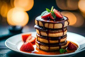 stack of pancakes with strawberries and syrup on a plate. AI-Generated photo