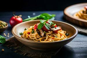 spaghetti with mushrooms and tomatoes in a wooden bowl. AI-Generated photo