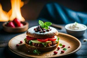 a hamburger with tomatoes, lettuce and mint on a wooden plate. AI-Generated photo