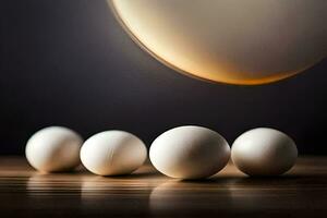 ai generado cinco blanco huevos en un mesa con un ligero brillante en ellos foto