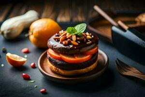 a chocolate cake with fruit and nuts on a wooden plate. AI-Generated photo