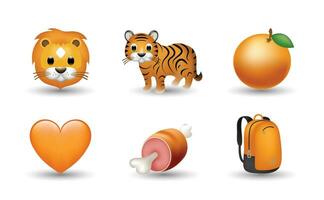 6 Emoticon isolated on White Background. Isolated Vector Illustration. Lion, tiger, orange, orange heart, meat, backpack vector emoji Illustration. Set of 3d objects Illustration in orange color.