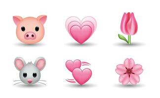6 Emoticon isolated on White Background. Isolated Vector Illustration. Pig, pink heart, tulip, mouse, Sakura vector emoji Illustration. Set of 3d objects Illustration in pink color.