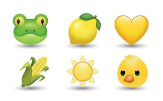 6 Emoticon isolated on White Background. Isolated Vector Illustration. Frog, lemon, yellow heart, corn, sun, chicken vector emoji Illustration. Set of 3d objects Illustration in yellow color.