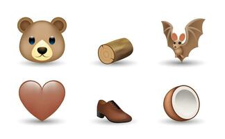 6 Emoticon isolated on White Background. Isolated Vector Illustration. Bear, wood log, bat, brown heart, shoes, coconut vector emoji Illustration. 3d Illustration set.