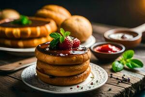 un apilar de panqueques con fresas y jarabe. generado por ai foto