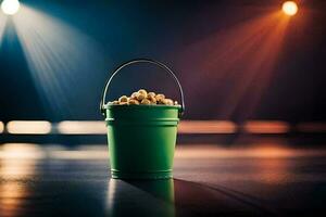 a bucket of popcorn on a stage. AI-Generated photo