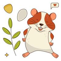 Cute orange and white hamster laughing, twig with leaves, corn grain, pumpkin seed, sms. Isolated on a white background. vector