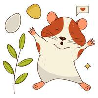 A cute orange and white hamster stretches and yawns, a twig with leaves, a corn grain, a pumpkin seed, SMS. Isolated on a white background. vector