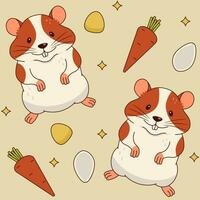 A seamless pattern with a cute orange and white hamster, carrots, corn kernels and pumpkin seeds. vector